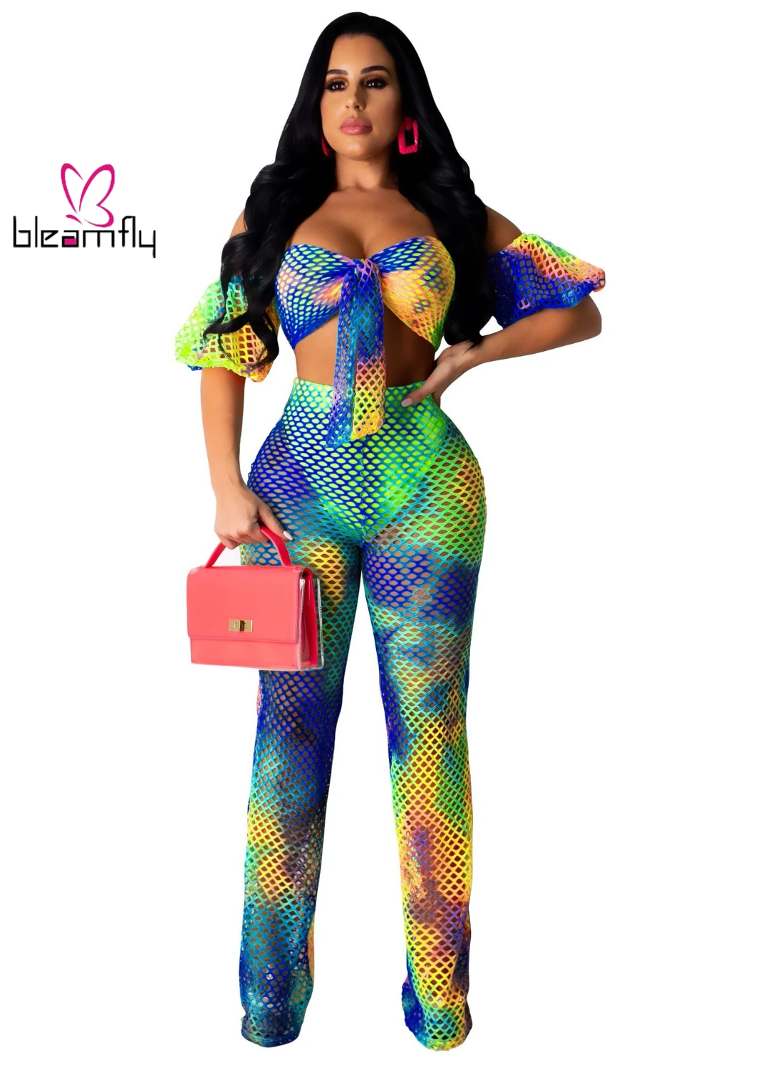 Женский костюм с открытыми плечами марлевая сетка топ принтом прямые штаны