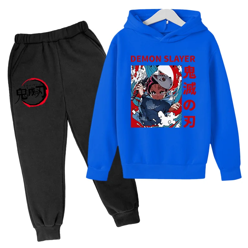 

New Ghost Blade popular hip hop boy girl hoodie fashion hooded autumn winter black Demon Slayer sweatshirt pants children's suit