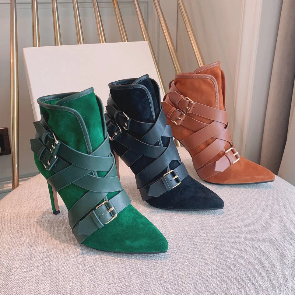

New Green Black Suede Leather Pointed Cross Belt Buckle Ankle Boots Stiletto High Heel Boots Shoes Women Zapatos Mujer