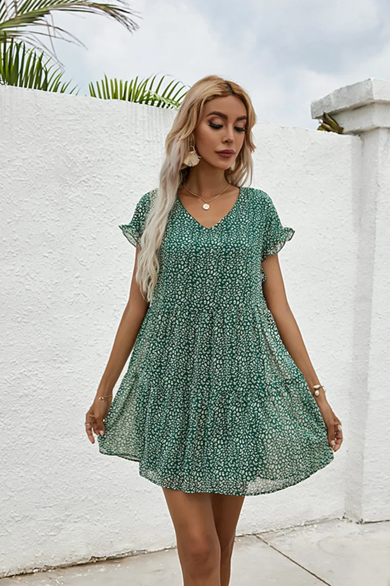 

2021 Summer New Women's Printed Chiffon Loose Large Short Sleeve Raglan Dress Fashion Korean Women's Floral Dress