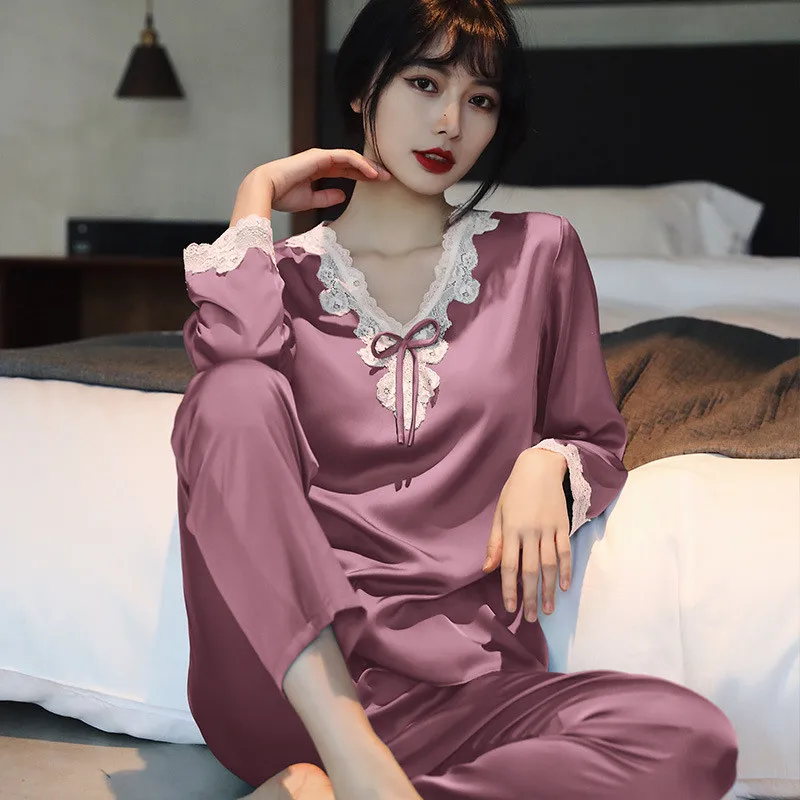 

Large Size Silk Satin Pajamas For Women Sexy Lace V Neck Spring Summer Pijamas Set Casual Elegant Pyjamas Female Home Wear Suit
