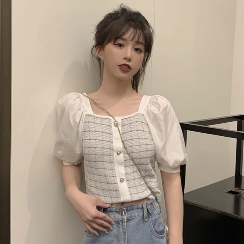 

Женская Летняя трикотажная футболка в клетку, с коротким рукавом