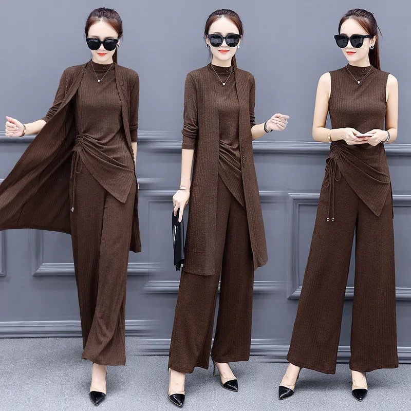 

European Leg 2020 Women's Slim Fit Slimming Elegant 3pcs Set Fashion Autumn Long Sleeve New Style Women's Clothing Wide Leg Pant