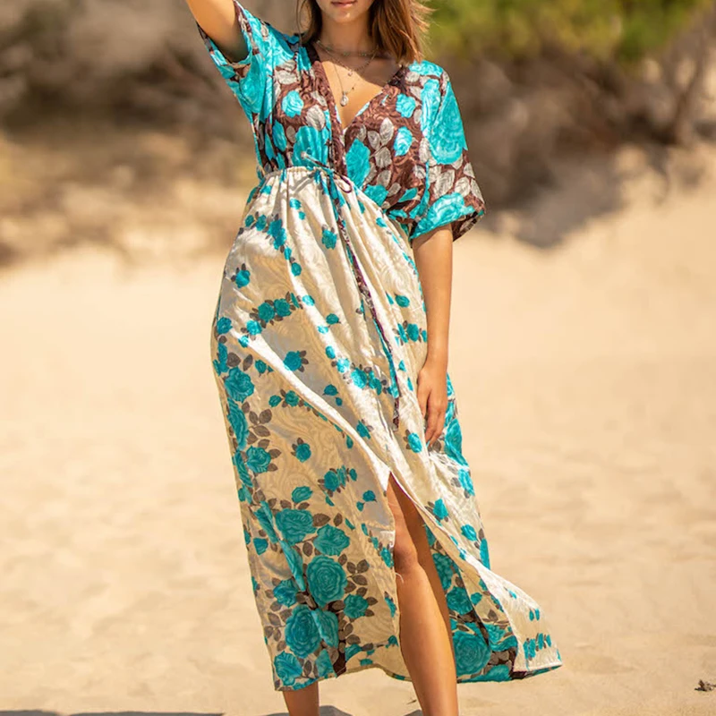 

Купальный костюм, накидка, женское богемное платье, бикини, накидка на талии, эластичный v-образный вырез, летнее праздничное платье, парео, х...