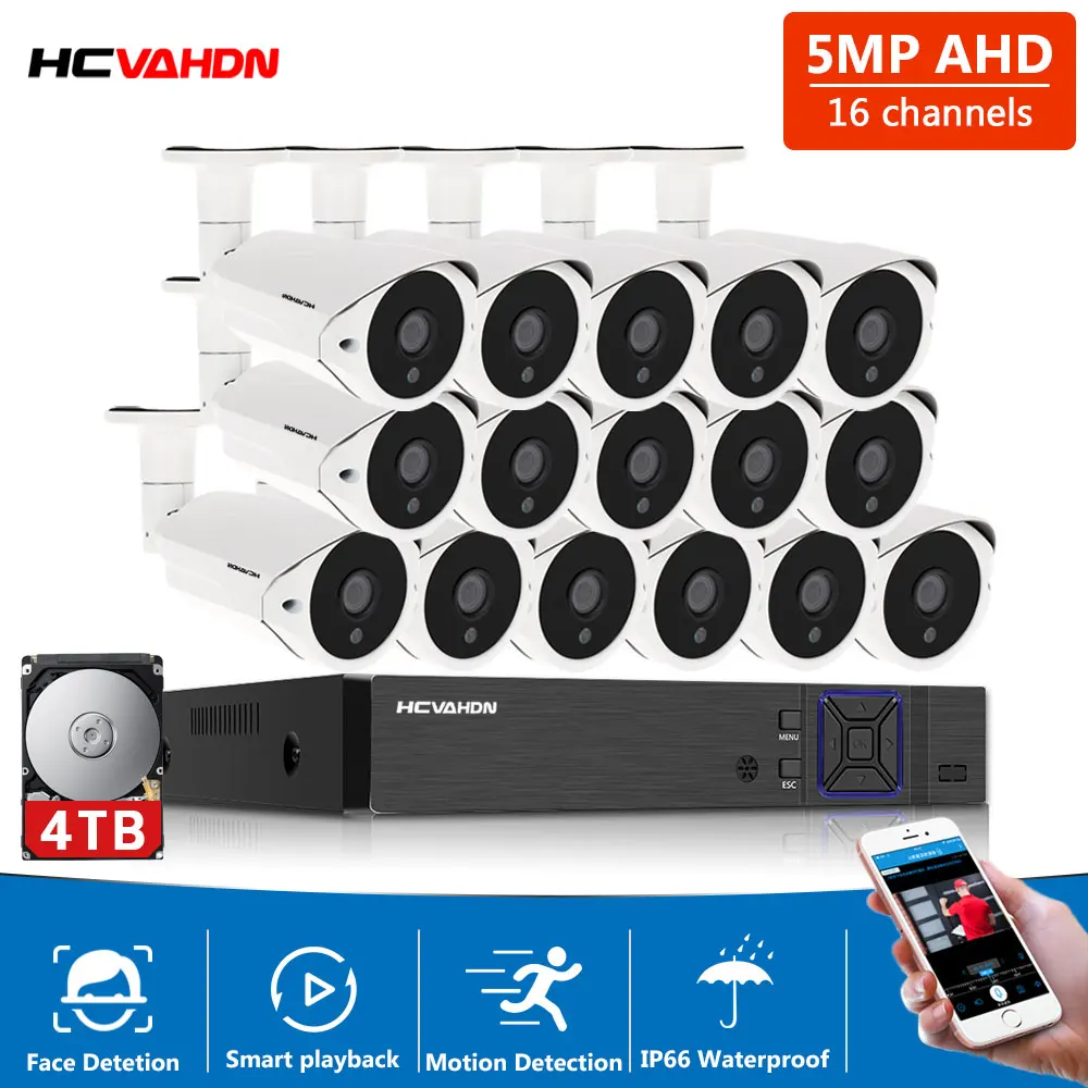 

16CH 5MP Ultra HD CCTV Camera System 5IN1 H.265+ DVR With 16PCS 5MP AHD TVI IP66 White Security Surveillance System