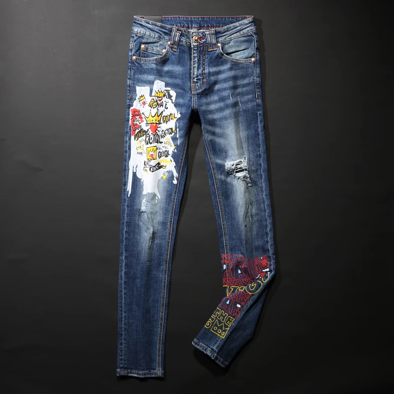 American Street Style Fashion Men Jeans Retro Blue Elastic Slim Fit Ripped Jeans Men Printed Designer Hip Hop Denim Punk Pants