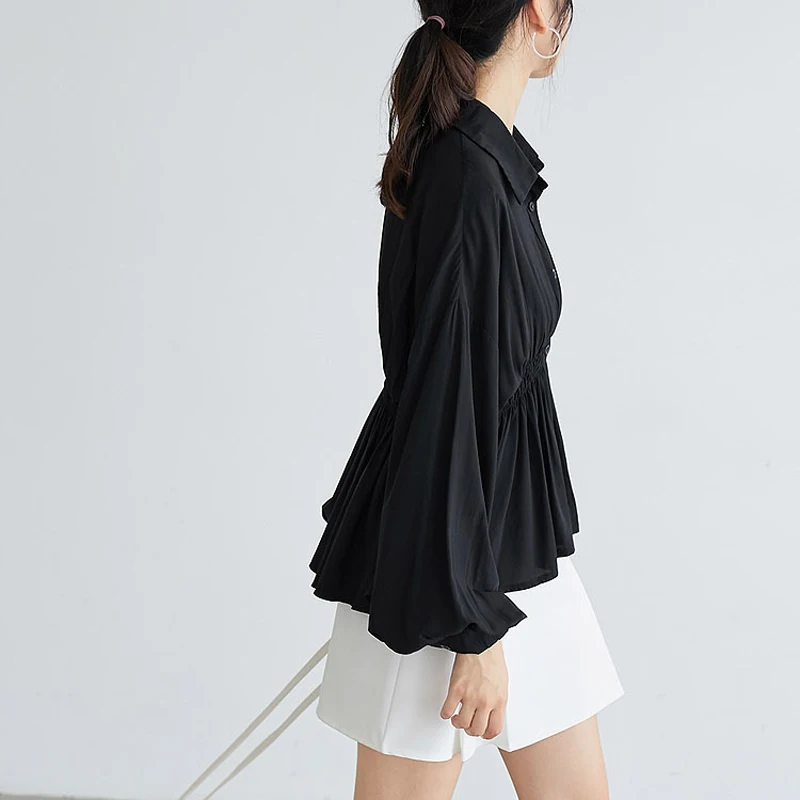 

BGTEEVER Office Ladies Blouses Black Lantern Sleeve Elastic Slim Waist Women Shirts Tops Vintage Loose Blusas femme 2020 Spring