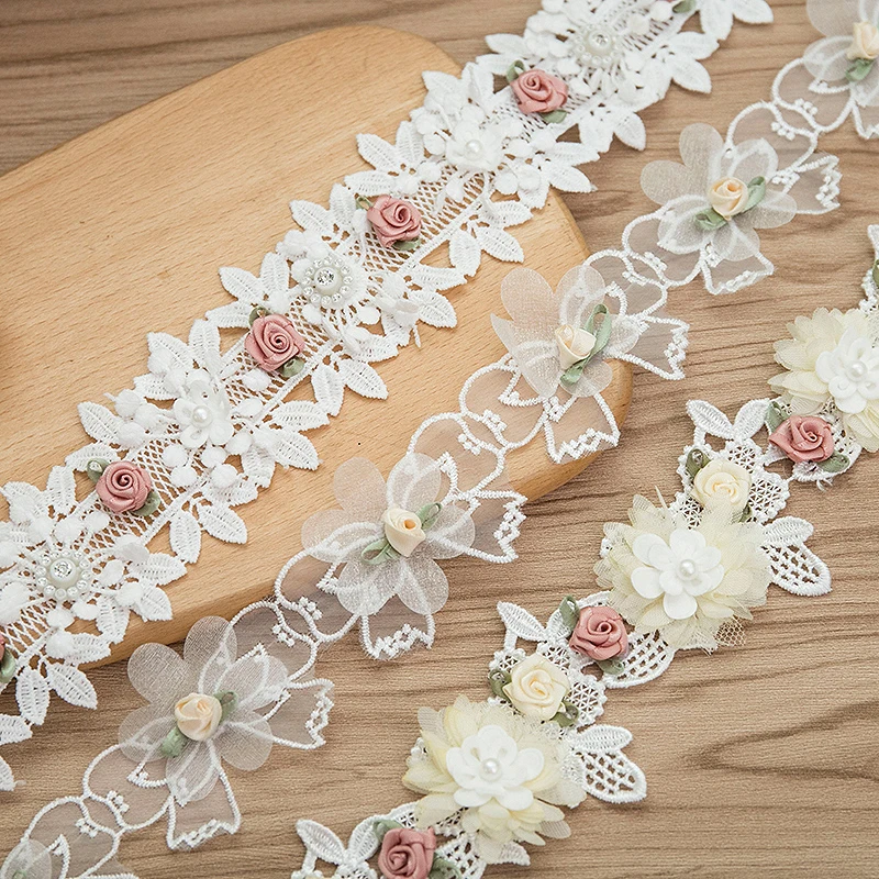 

Lace Ribbon With Pearls Wedding Dress DIY Crafts Accessories For Sewing Needlework Applique Fabrics 3D Floral Embroidery 2yards