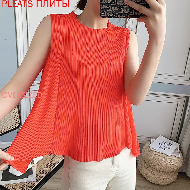 

Spring/Summer 2021 New Miyake Pleated Top Women's Sleeveless Loose-fitting Thin T-shirt Pleats Tops