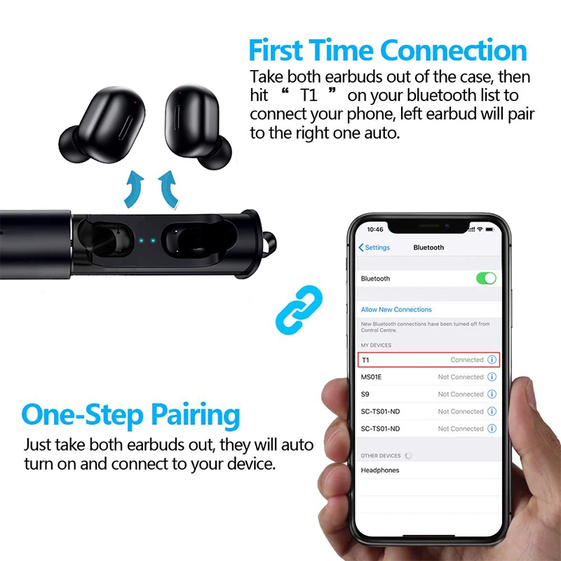 T1 TWS беспроводные Bluetooth V5.0 наушники мини спортивные водонепроницаемые 6D стерео