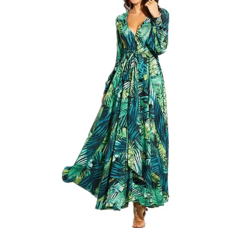В богемном стиле Фонари рукавом v образным вырезом зеленые листья Цветочный