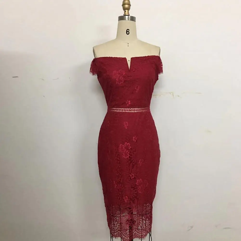 

Female V-neck Bodycon Off-shoulder Short Sleeve Zipper Lace Hollow Out Dress