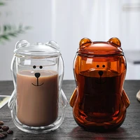 transparent cute bear coffee mug whit lid double layer heat resistant milk juice glass cup valentines day anniversary gift