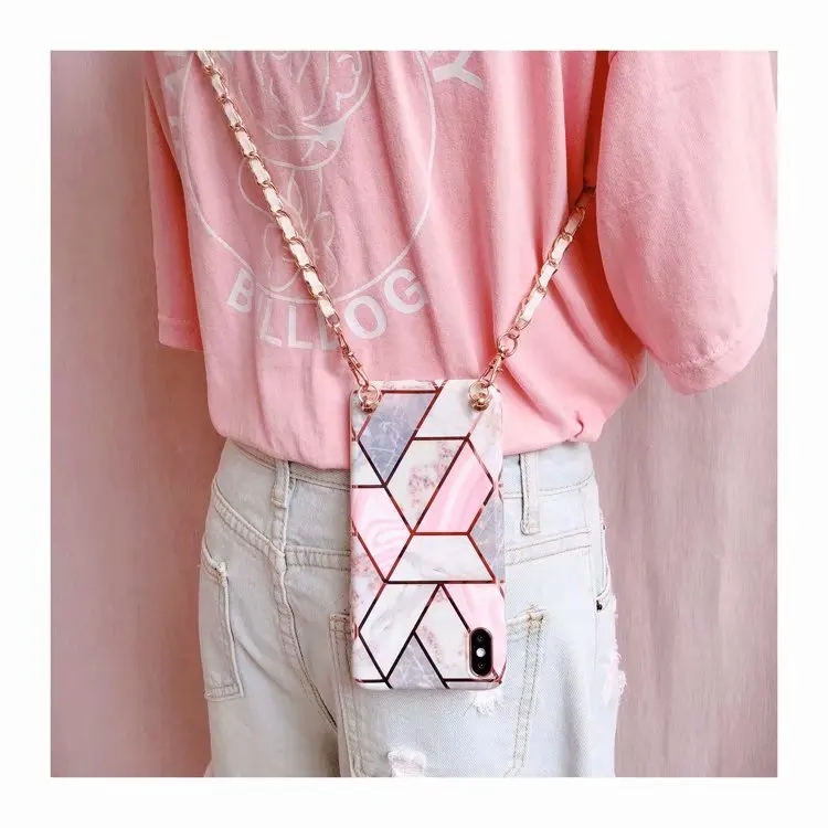 

14Pro max Simple Rhombus marble silicone Crossbody chain case for iPhone 11 12 13Pro max CASE XS MAX 6S 7 8 plus XS MAX XR