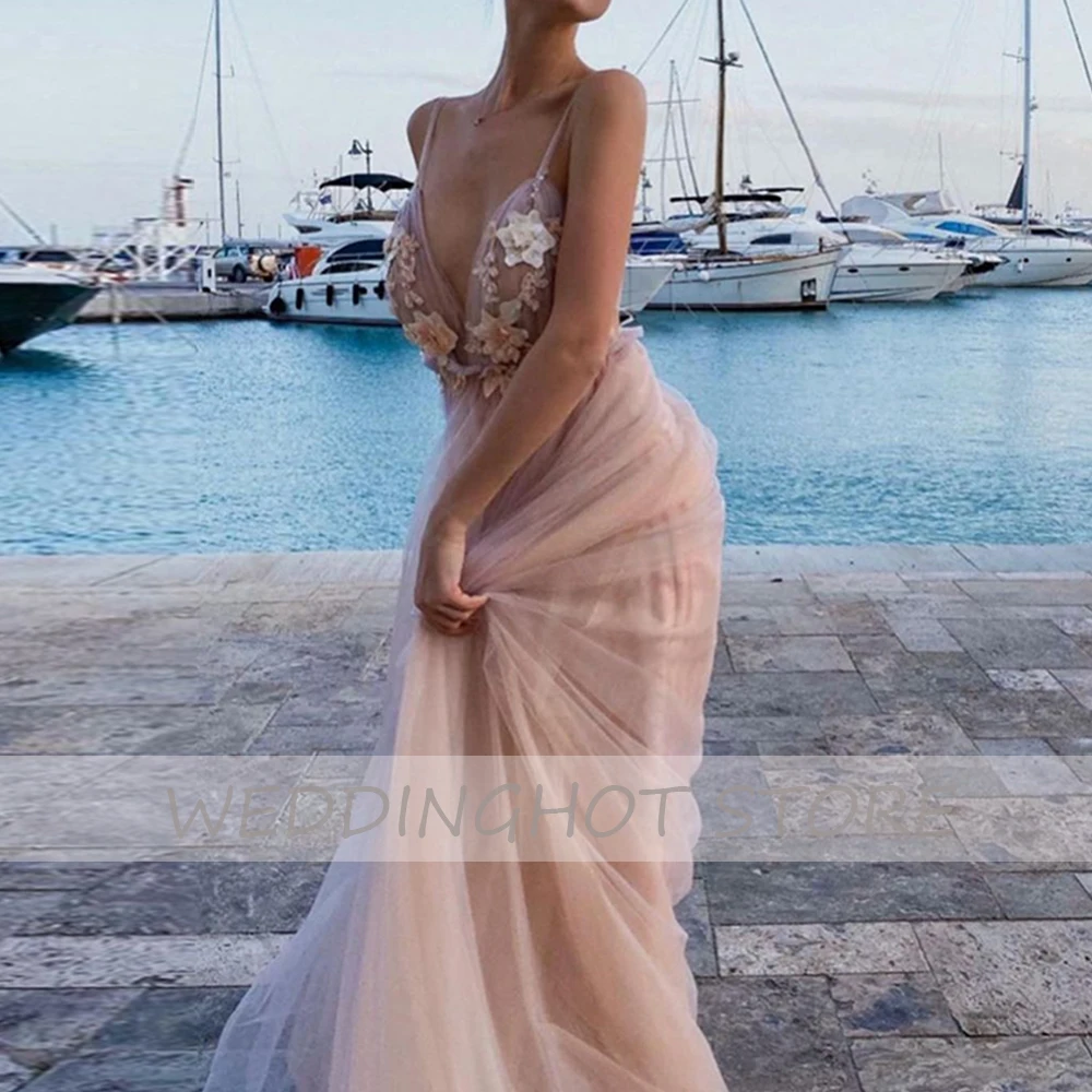 

Pink Beading Evening Dresses Long Luxury 2021 Women Sexy V-Neck Backless Prom Gowns Tulle A-Line Eleglant vestidos de fiesta