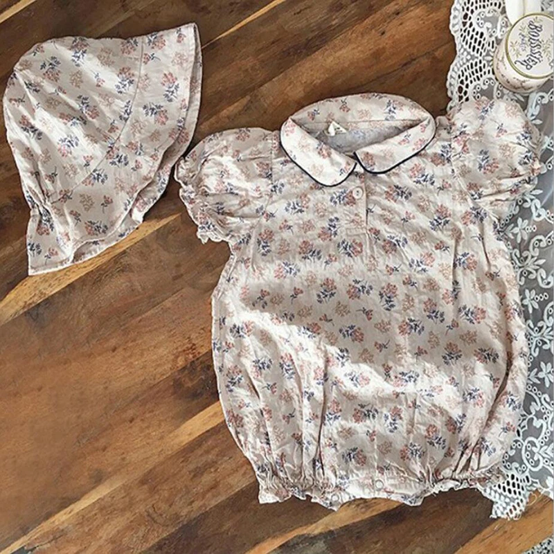 New 2020 Baby Girls Clothes Summer Sunsuit Cherry Print Princess Rompers+Hat 2pcs Set Infant Outfit Jumpsuit | Детская одежда и