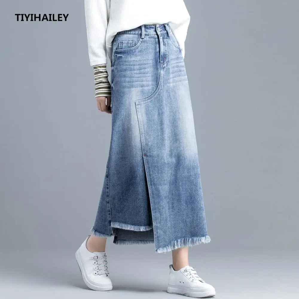 

TIYIHAILEY Free Shipping 2021 Fashion High Waist S-3XL Long Maxi A-line Skirts With Pockets Women Blue Slit Skirts With Tassels