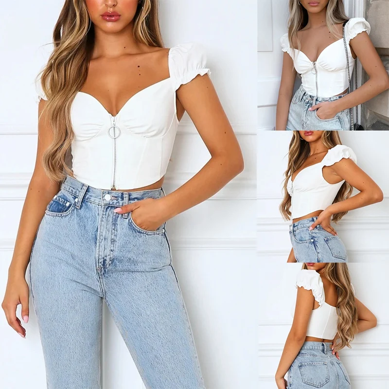 

Women's Fashion V-Neck Solid Color Zipper Sexy Short Slim Tops White