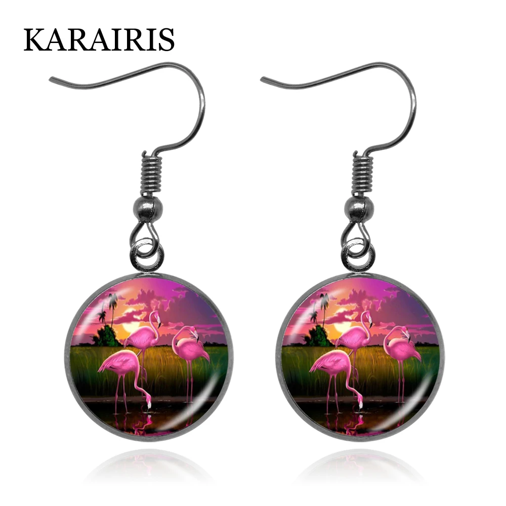 

KARAIRIS Nordic Style Palm Leaves Mini Flamingo Earrings Hawaii Beach Glass Jewelry Dangle Earrings For Women Girl Souvenir Gift