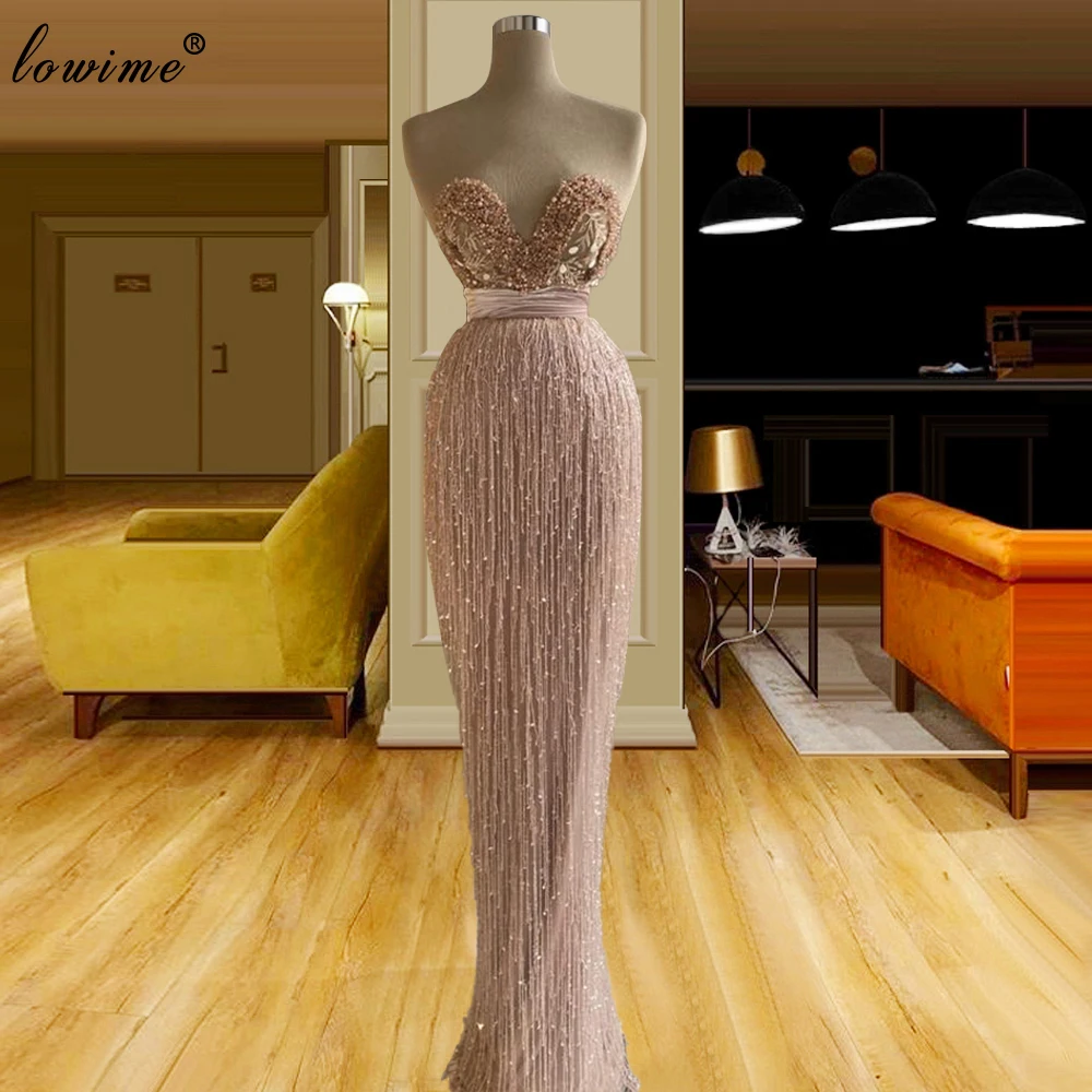 

Pink Pearls Celebrity Dresses Long Mermaid Evening Dresses With Tassels Sexy Wedding Party Dresses For Women Vestidos Formales