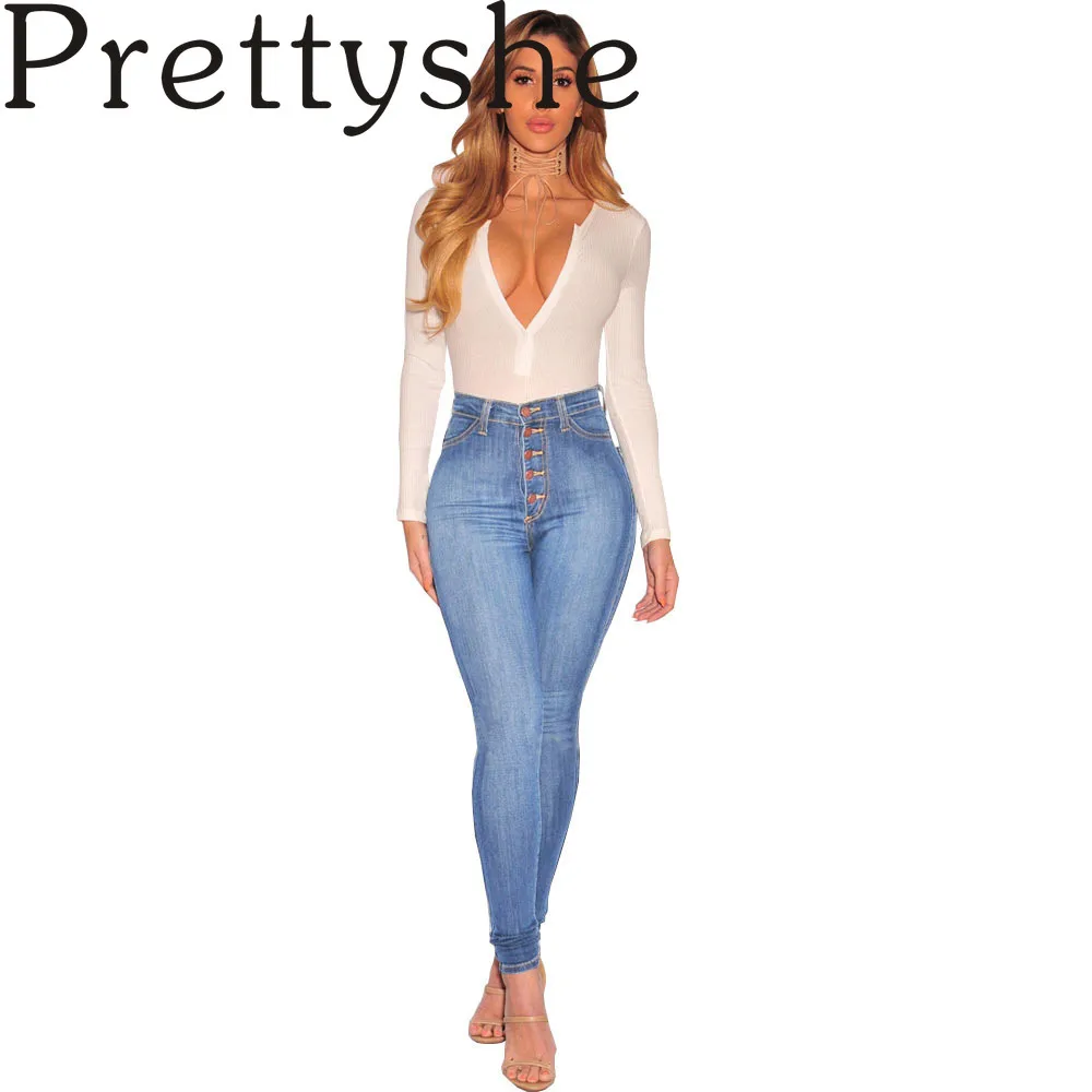 

Prettyshe Women's Jeans High Waist Stretch Skinny Denim Pants Autumn Winter Blue Retro Washed Elastic Slim Pencil Trousers