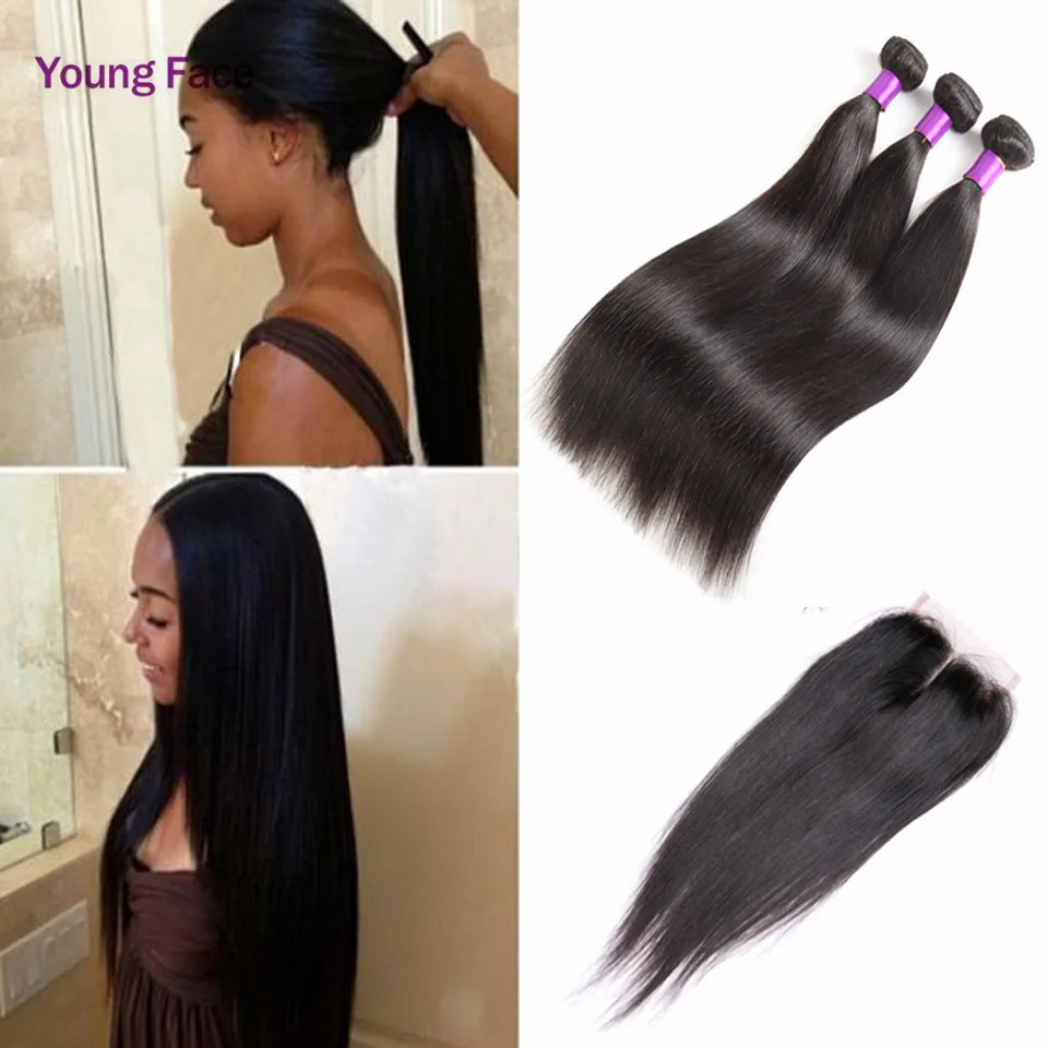 Natural Hair 100% Non-Remy Woman Hair Brazilian Hair Human Hair Straight 3 Bundles With 4x4 Lace Hair Bundles With Closure