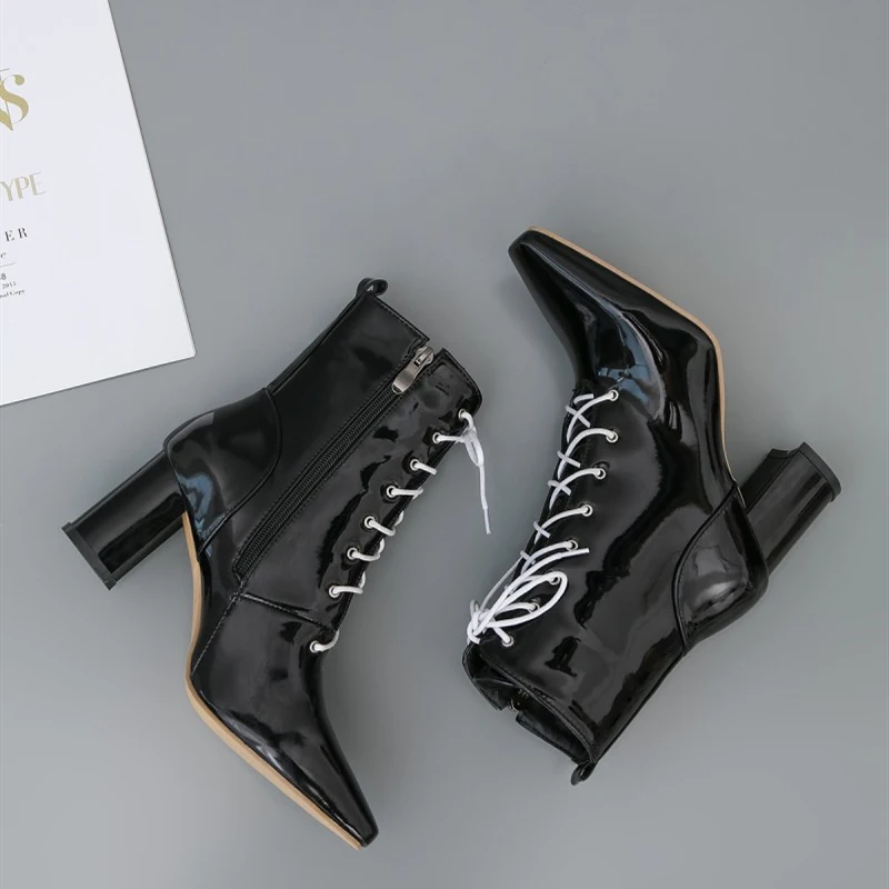 Plus Size 47 Autumn Winter Ankle Boots For Women Patent Leather Waterproof Short Fashion Lace-up Red White Motorcycle Boot | Обувь
