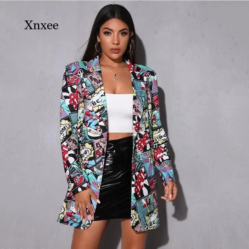 

Autumn and Winter Women's White Head Print Blazer Ladies Jacket Retro Plus Size Lady Coat New Fashion Streetwear American Style