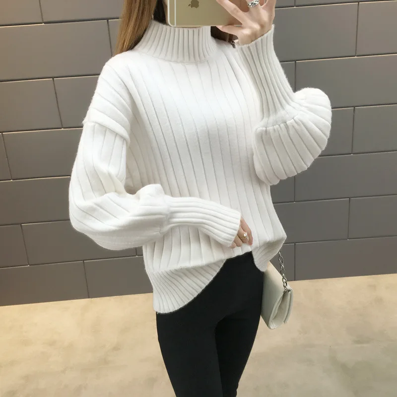 

QRWR 2020 Autumn Winter Sweater Women Fashion Casual Solid Color Long Sleeve Pullover Sweater Elegant Lantern Sleeve Turtleneck