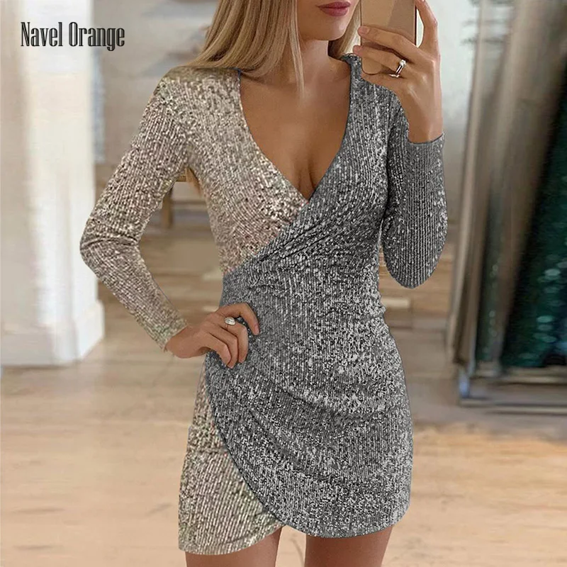 

2022 Spring Autumn Patchwork Sequined Long Sleeve Women Mini Dress Deep V-Neck Sexy Nightclub Sheath Dress Streetwear Vestidos