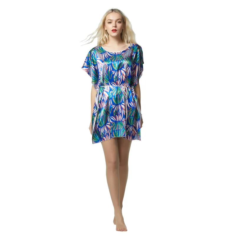 Модный принт женская ночная рубашка с коротким рукавом рубашки атласное