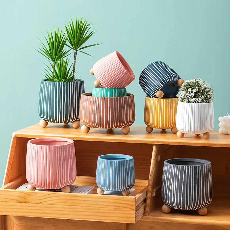 

European Stripe Design Colorful Painted Succulent Ceramic Flowerpot Green Plant Potted Basin Ornament Home Creative Gardening