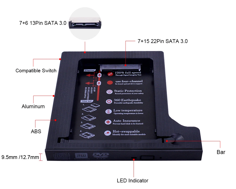 CHIPAL Универсальный 2nd HDD Caddy 12 7 мм 9 5 SATA 3 0 2 &quotSSD чехол HD жесткого диска +