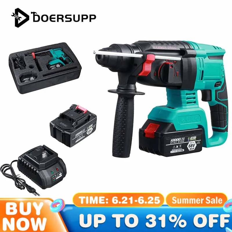

Brushless Electric Rotary Hammer Rechargeable Multifunction Electric Hammer Impact Power Drill Tool with 2 Battery & Charger