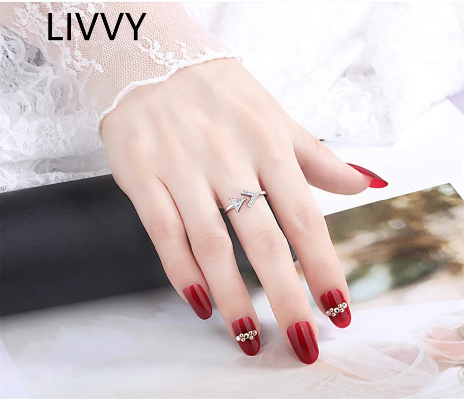 

LIVVY Silver Color Fashionable Triangle Arrowhead Opening Adjustable Rings for Women Couple Unique Crystal Zircon Jewelry Gift