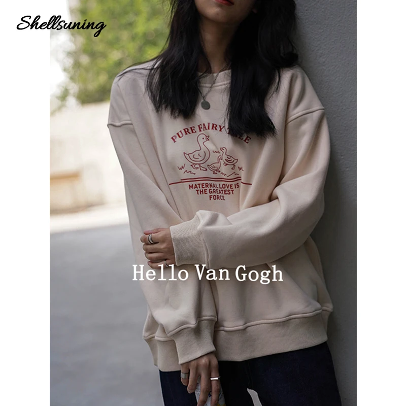 

Shellsuning Winter New Duck Printing Long Sleeve Round Neck Thicken Hoodies Sweatshirts Women Loose Korean Harajuku Streetwear
