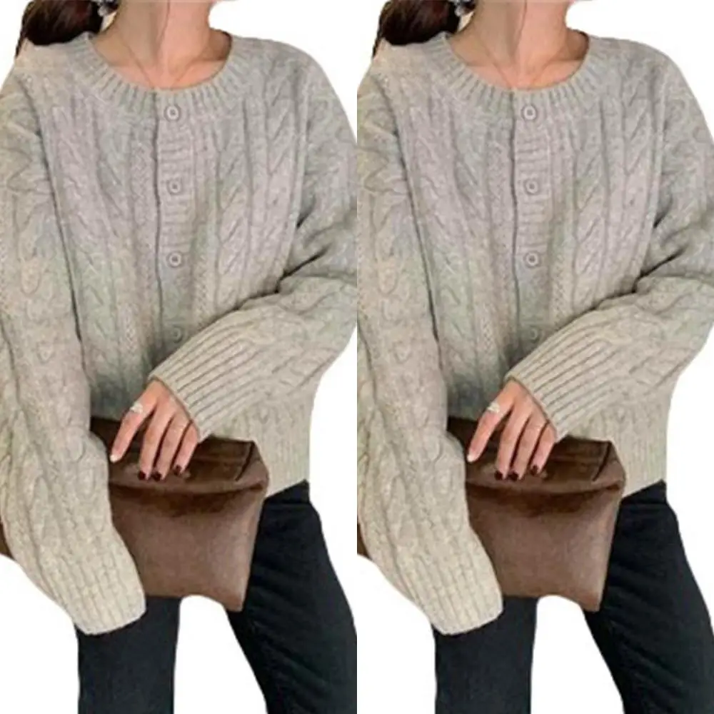 

Autumn Winter Women Casual Loose Coat Round Neck Knitted Sweater Button Solid Cardigan