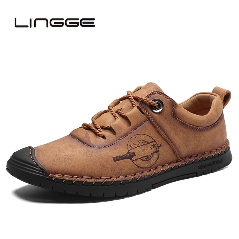 

LINGGE Handmade New Soft Men Casual Shoes Leather Men Loafers Rome Designer Style Flat Moccasins Outdoor Men Sneakers 38-46