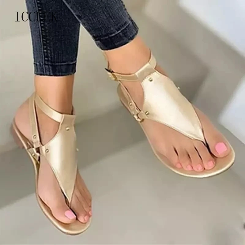 

ICCLEK Women Sandals 2021 Summer Outdoor Beach Flip-flop Sandals Solid Fashion Gladiator Sandals Women Flats Casual Ladies Shoes