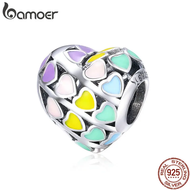 BAMOER, романтические 925 пробы, серебряная Радуга, Сердце, цвет, эмаль, подвески, бусины, подходят для оригинальных браслетов, сделай сам, изготовление ювелирных изделий SCC902