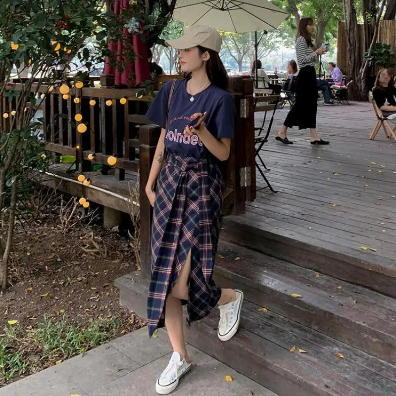 

2021 Spring & Summer New Style High Waist Slim Sexy Split Ends Simple Plaid Temperament Women A-line Long Skirt Free Shipping