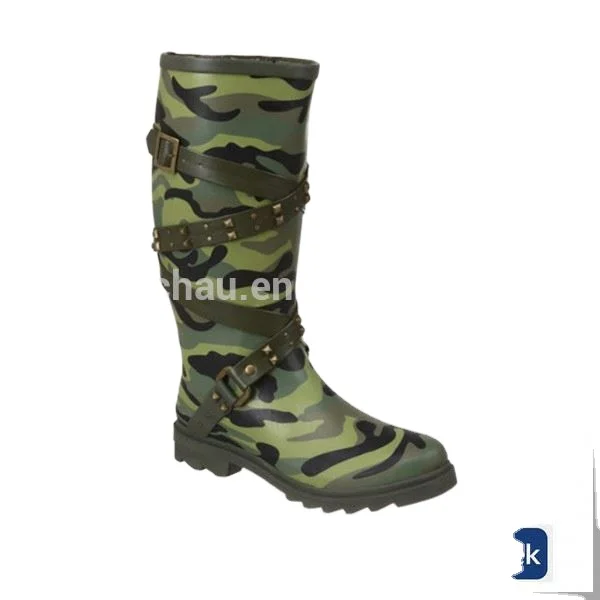 

high quality waterproof long rubber camouflage boots with buckle