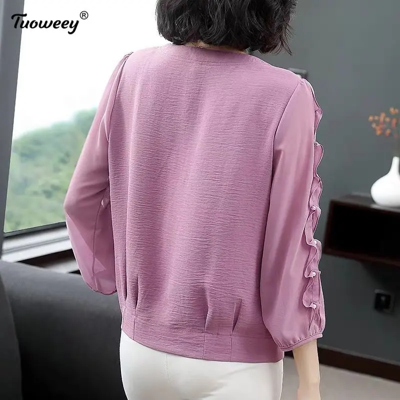 

2021 Solid Color Long Sleeve Elegant Korean Women's Spring Autumn Style Chiffon Shirt Women's Ruffles O-neck Tops