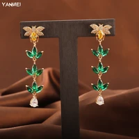 tropical temperament plant leaf long dangle earrings for women bee color high end luxury jewelry shiny fashion accessories