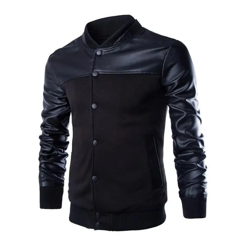 

2020 new fashion PU leather splicing design men's sweater British slim standing collar jacket Y100