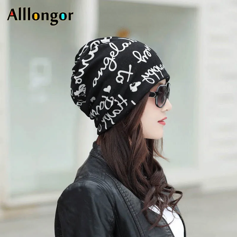 Autumn 2020 winter hats for Women Ponytail Beanie Skullies Caps letter Print touca de inverno bonnet femme hiver Black | Аксессуары для