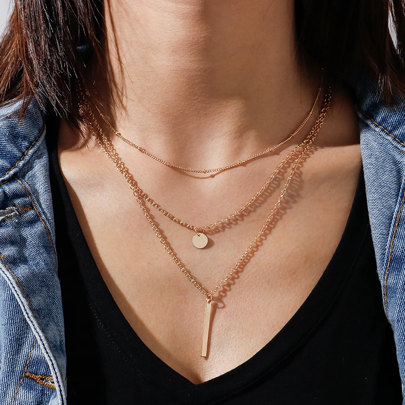 

Summer New Multilayer Strip Necklaces Pendants for Women Girl Alloy Circle Coin Choker Necklaces Charms Collier Gifts Jewelry