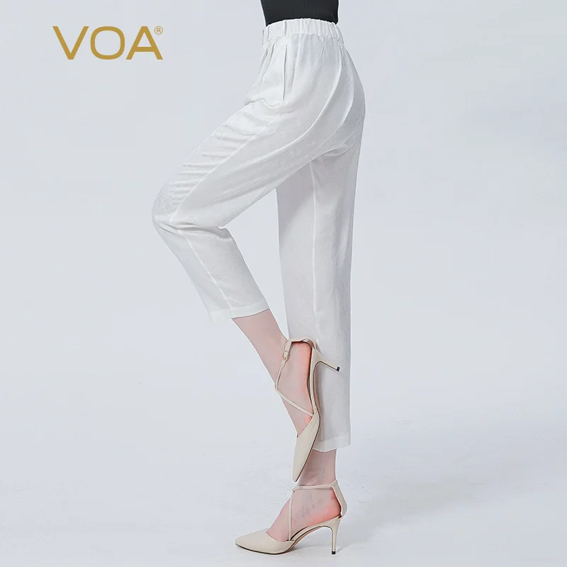 

VOA Silk Jacquard Ivory White Natural Beef Tendon Elastic Waist Oblique Pocket Simple and Fresh Nine Straight Pants Women KE555