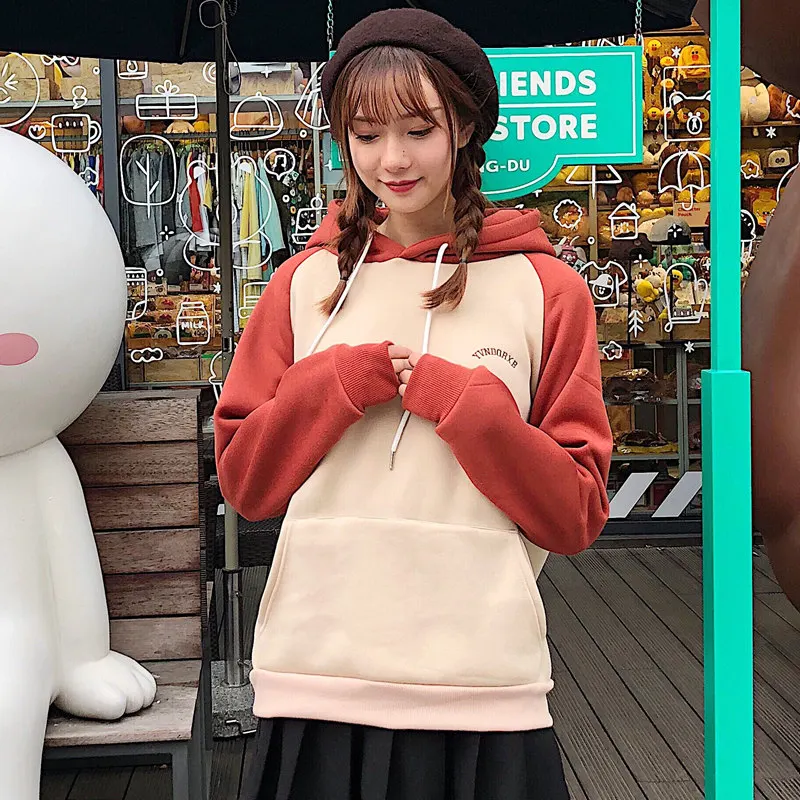 Женская теплая толстовка с капюшоном в стиле Харадзюку свободного кроя начесом