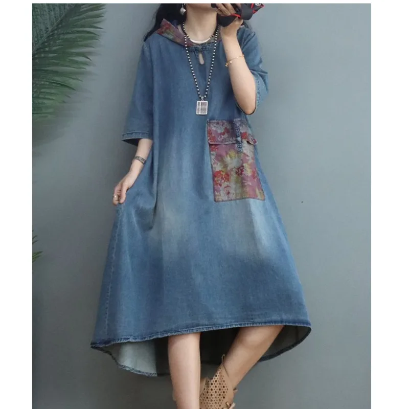 

Hooded Denim Dress Women Summer Plus size Short sleeve Party A-Line cowboy Dress Oversize Baggy Denim Patchwork pocket Dresses